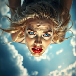 A beautiful blonde woman with striking blue eyes and vibrant red lips, depicted in mid-fall from the sky
