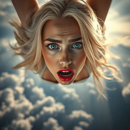 A beautiful blonde woman with striking blue eyes and vibrant red lips, depicted in mid-fall from the sky