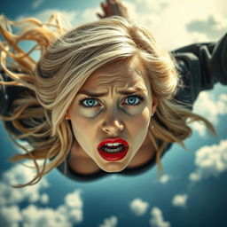 A beautiful blonde woman with striking blue eyes and vibrant red lips, depicted in mid-fall from the sky