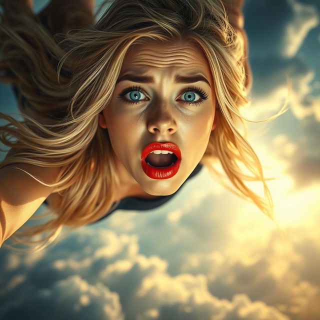 A beautiful blonde woman with striking blue eyes and vibrant red lips, depicted in mid-fall from the sky