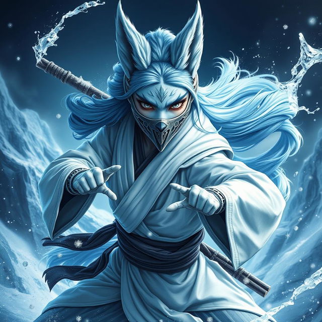 A female arctic kitsune monk, exuding a fierce yet graceful presence, captured in an intense dynamic pose inspired by Mortal Kombat