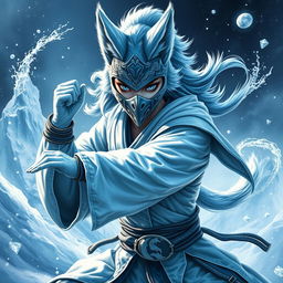 A female arctic kitsune monk, exuding a fierce yet graceful presence, captured in an intense dynamic pose inspired by Mortal Kombat