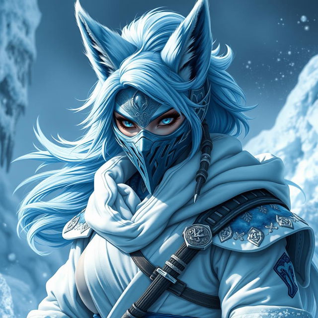 A female arctic kitsune monk, inspired by Mortal Kombat aesthetics, characterized by a fierce and captivating appearance