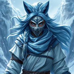 A female arctic kitsune monk, inspired by Mortal Kombat aesthetics, characterized by a fierce and captivating appearance