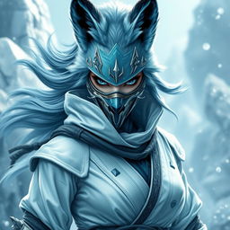 A female arctic kitsune monk, inspired by Mortal Kombat aesthetics, characterized by a fierce and captivating appearance