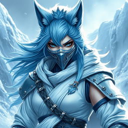 A female arctic kitsune monk, inspired by Mortal Kombat aesthetics, characterized by a fierce and captivating appearance