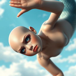 A beautiful bald mermaid with striking blue eyes and vibrant red lips, gracefully falling from a bright sky