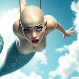 A beautiful bald mermaid with striking blue eyes and vibrant red lips, gracefully falling from a bright sky