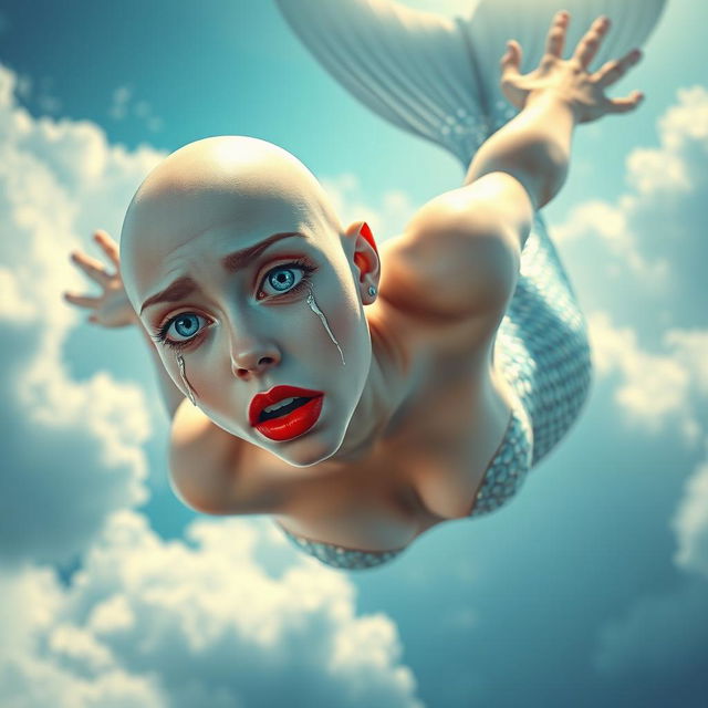 A beautiful bald mermaid with striking blue eyes and vibrant red lips, gracefully falling from a bright sky