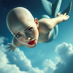 A beautiful bald mermaid with striking blue eyes and vibrant red lips, gracefully falling from a bright sky