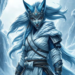 A full-body depiction of a female arctic kitsune monk, inspired by Mortal Kombat aesthetics