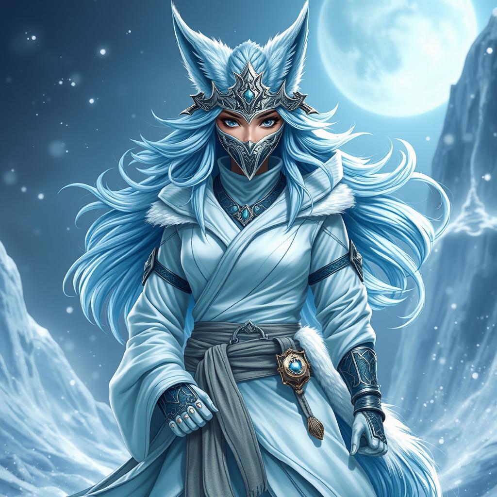 A full-body depiction of a female arctic kitsune monk, inspired by Mortal Kombat aesthetics