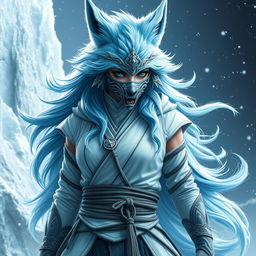 A full-body depiction of a female arctic kitsune monk, inspired by Mortal Kombat aesthetics