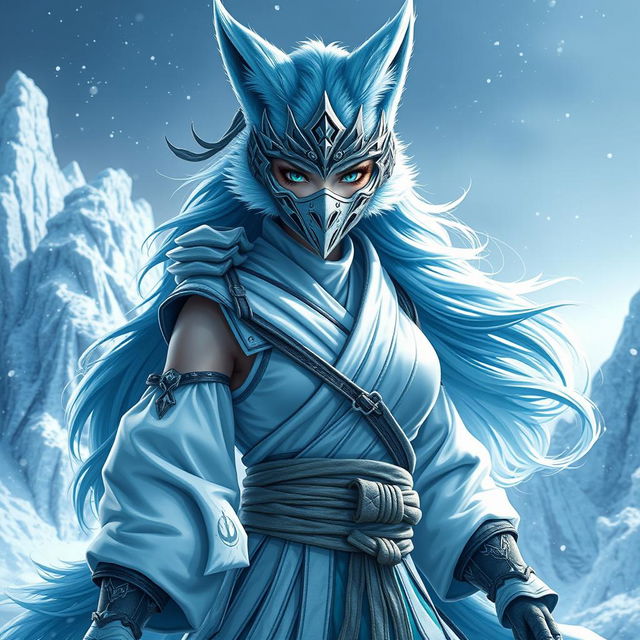 A full-body depiction of a female arctic kitsune monk, inspired by Mortal Kombat aesthetics