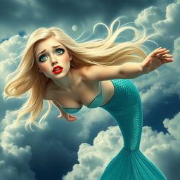 A beautiful blonde mermaid with striking blue eyes and vibrant red lips, gracefully falling from the sky