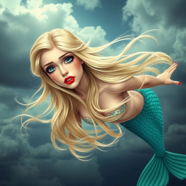 A beautiful blonde mermaid with striking blue eyes and vibrant red lips, gracefully falling from the sky