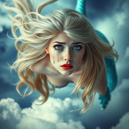 A beautiful blonde mermaid with striking blue eyes and vibrant red lips, gracefully falling from the sky