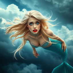 A beautiful blonde mermaid with striking blue eyes and vibrant red lips, gracefully falling from the sky