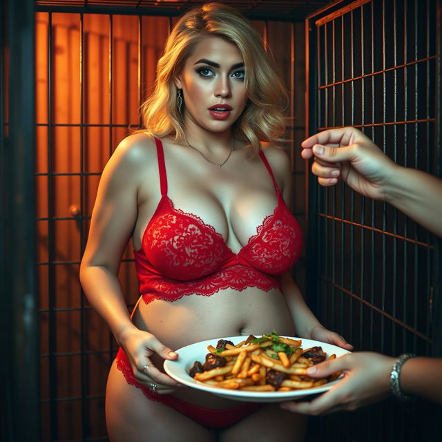 A striking image of a beautiful, young blonde woman with a thin face and alluring curves, showcasing a massively flabby sagging soft wide belly and huge hanging soft breasts