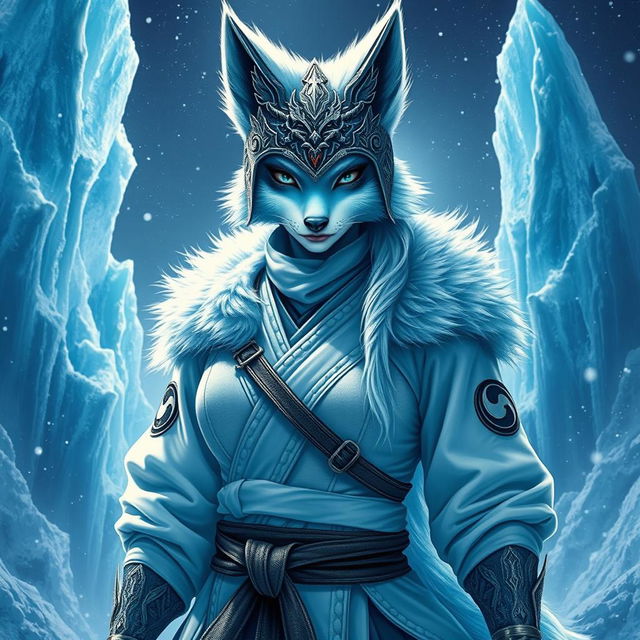 A full-body depiction of a female arctic kitsune monk, inspired by Mortal Kombat aesthetics