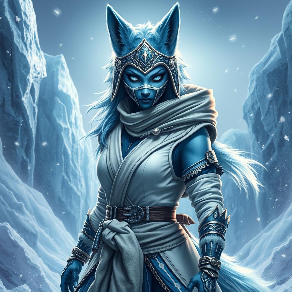 A full-body depiction of a female arctic kitsune monk, inspired by Mortal Kombat aesthetics