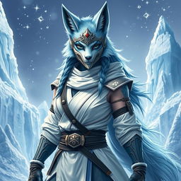 A full-body depiction of a female arctic kitsune monk, inspired by Mortal Kombat aesthetics