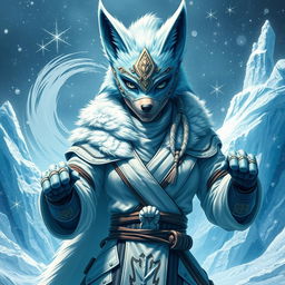 A full-body depiction of a female arctic kitsune monk, inspired by Mortal Kombat aesthetics