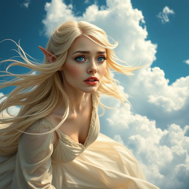 A beautiful blonde elf woman with striking blue eyes and luscious red lips, her long flowing hair caught in the wind as she falls gracefully from the sky