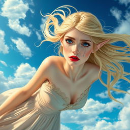 A beautiful blonde elf woman with striking blue eyes and luscious red lips, her long flowing hair caught in the wind as she falls gracefully from the sky