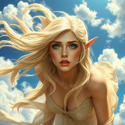 A beautiful blonde elf woman with striking blue eyes and luscious red lips, her long flowing hair caught in the wind as she falls gracefully from the sky