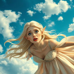 A beautiful blonde elf woman with striking blue eyes and luscious red lips, her long flowing hair caught in the wind as she falls gracefully from the sky