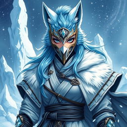 A full-body illustration of a female arctic kitsune monk, drawing inspiration from Mortal Kombat aesthetics