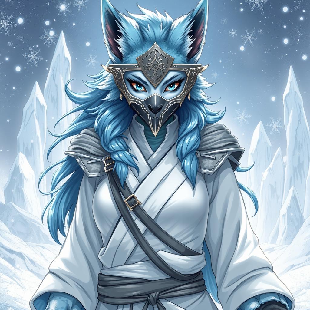 A full-body illustration of a female arctic kitsune monk, drawing inspiration from Mortal Kombat aesthetics