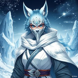 A full-body illustration of a female arctic kitsune monk, drawing inspiration from Mortal Kombat aesthetics