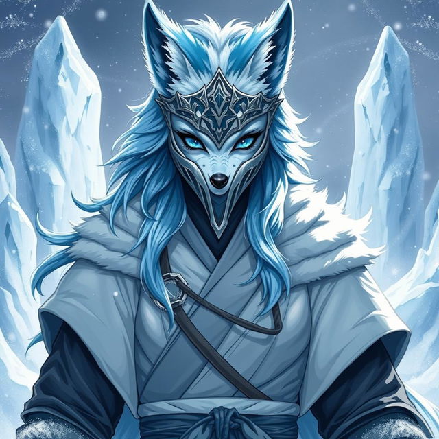 A full-body illustration of a female arctic kitsune monk, drawing inspiration from Mortal Kombat aesthetics