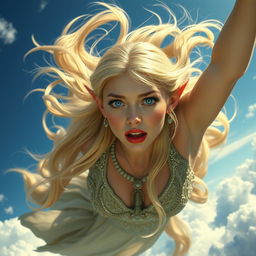 A beautiful blonde elf woman with striking blue eyes and luscious red lips is falling gracefully from the sky