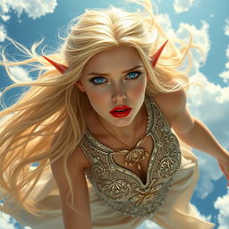 A beautiful blonde elf woman with striking blue eyes and luscious red lips is falling gracefully from the sky