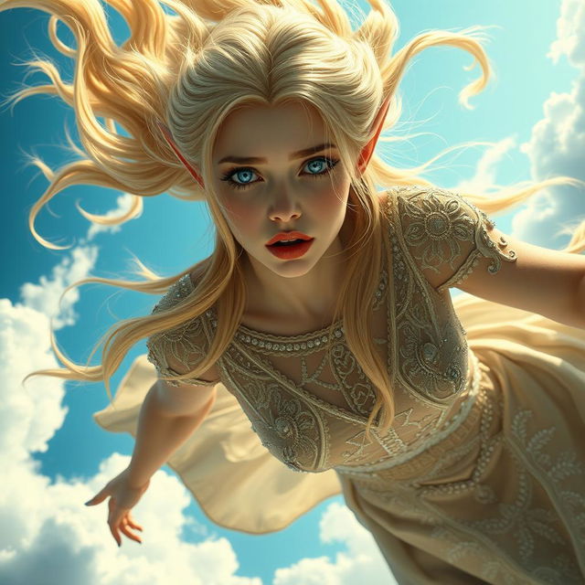 A beautiful blonde elf woman with striking blue eyes and luscious red lips is falling gracefully from the sky