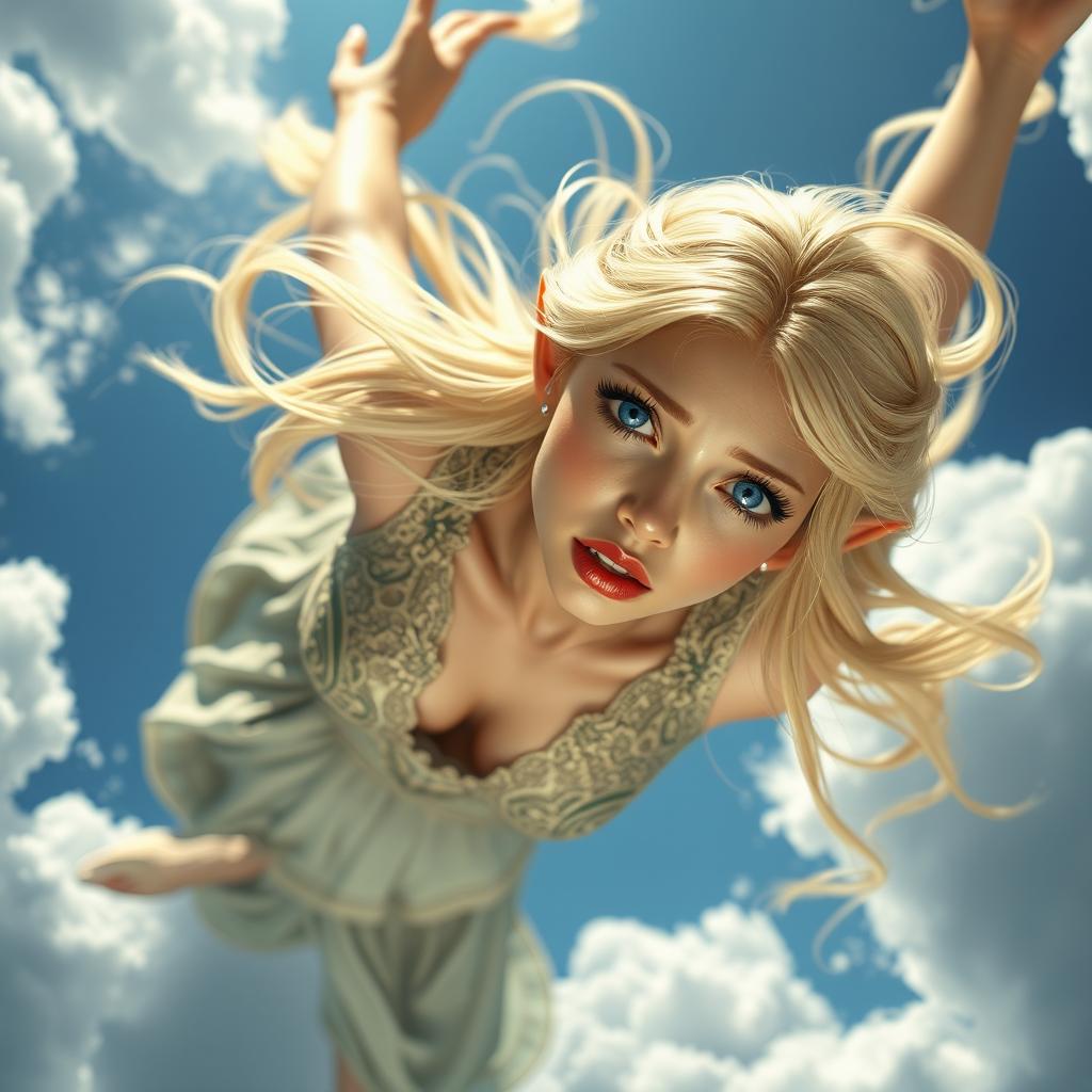 A beautiful blonde elf woman with striking blue eyes and luscious red lips is falling gracefully from the sky