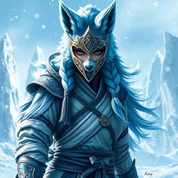 A full-body portrayal of a female arctic kitsune monk in a Mortal Kombat style