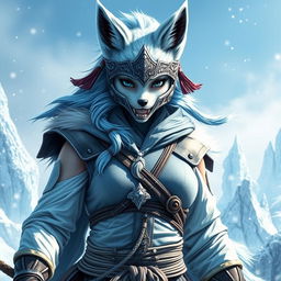 A full-body portrayal of a female arctic kitsune monk in a Mortal Kombat style