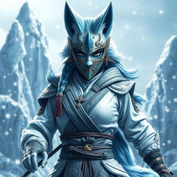 A full-body portrayal of a female arctic kitsune monk in a Mortal Kombat style