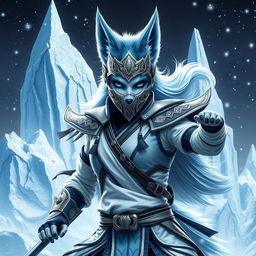 A full-body portrayal of a female arctic kitsune monk in a Mortal Kombat style