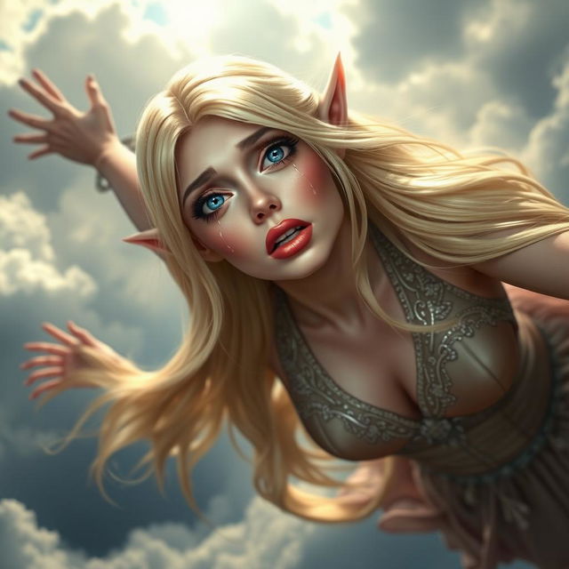 A beautiful blonde elf woman with long flowing hair, striking blue eyes, and bright red lips, is depicted falling from the sky