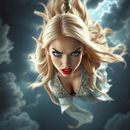 A beautiful blonde elf woman with long flowing hair, striking blue eyes, and bright red lips, is depicted falling from the sky