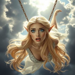 A beautiful blonde elf woman with long flowing hair, striking blue eyes, and bright red lips, is depicted falling from the sky