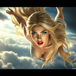A beautiful blonde elf woman with long flowing hair, striking blue eyes, and bright red lips, is depicted falling from the sky