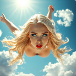 A beautiful blonde queen with striking blue eyes and vibrant red lips falling from the sky