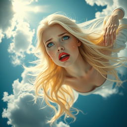 A beautiful blonde queen with striking blue eyes and vibrant red lips falling from the sky