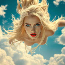 A beautiful blonde queen with striking blue eyes and vibrant red lips falling from the sky